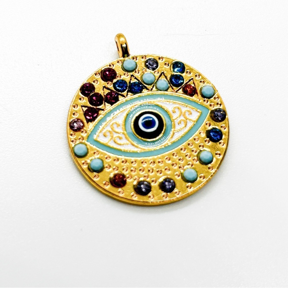 NWOT Stainless Steel Gold Plated Multi Color Evil Eye Pendant Amulet. Quarter Sz